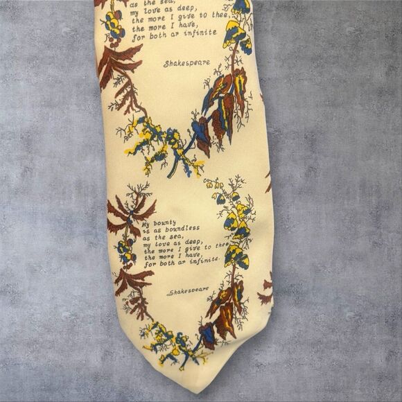 Vintage Gino Pompei Handmade Italy Tie Shakespeare Quote Novelty Floral Print - Picture 2 of 11